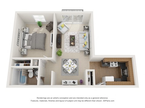 Floor plan for 1 bed, 1 bath, 674 sqft
